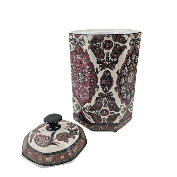 Hexagon Ceramic Canister Jar Floral Paisley Multicolor Lidded Kitchen Decor - Picture 7 of 10